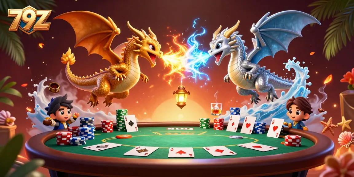Experience the excitement of 79Z with golden and silver dragons battling amidst a thrilling poker scene.
