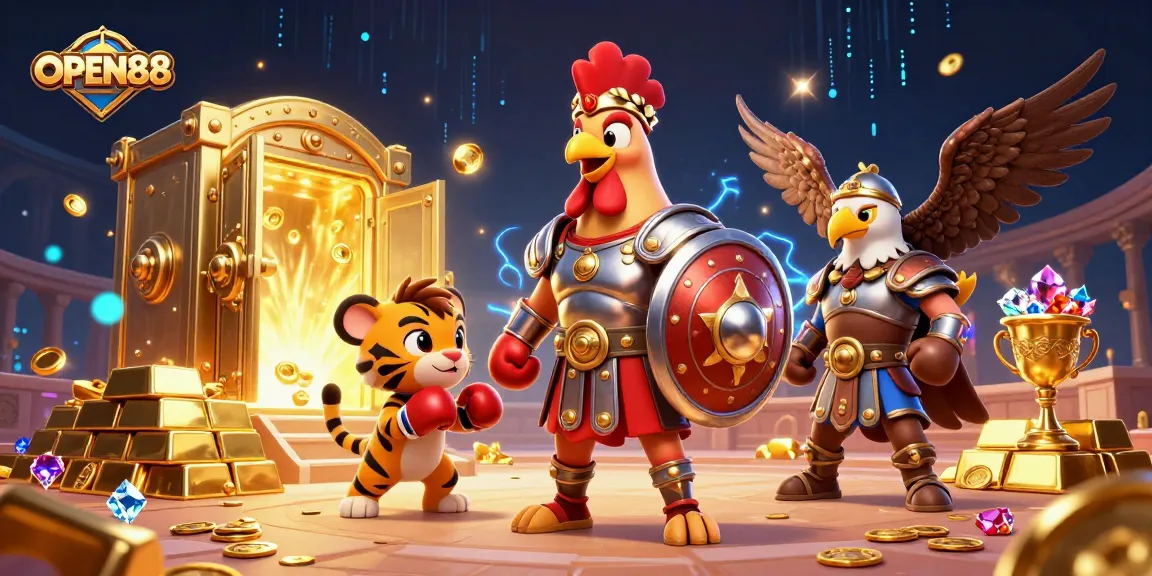 Immerse in OPEN88's vibrant gaming world featuring golden treasures and dynamic characters.