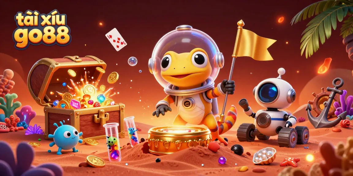 Experience the excitement of tài xỉu go88 with a Martian gecko discovering a golden casino in this vibrant illustration.