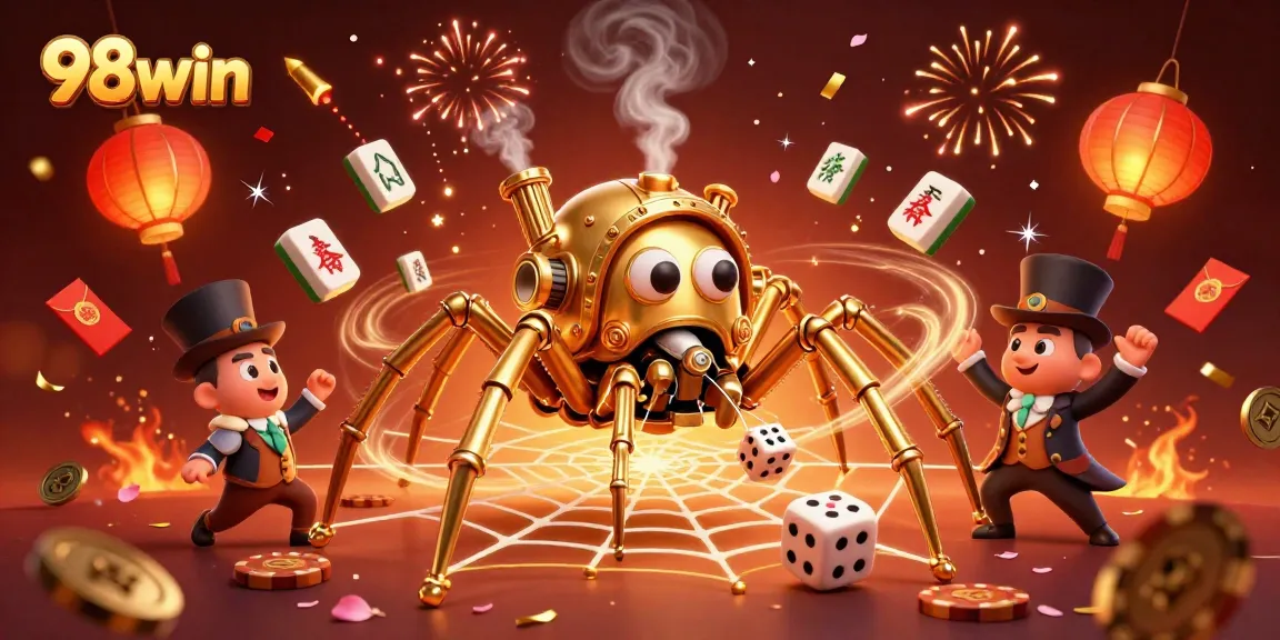 Engage with 98win in a vibrant, dynamic illustration showcasing a steampunk spider capturing dice in a casino-themed scene.