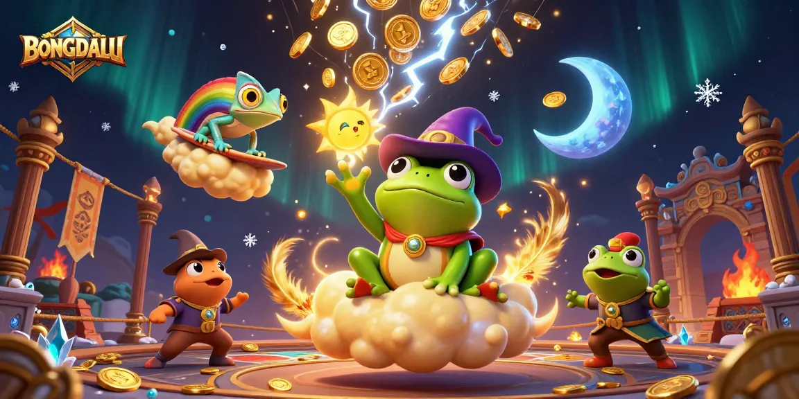 BONGDALU features a storm of golden coins created by a wizard frog in a vibrant casino scene.