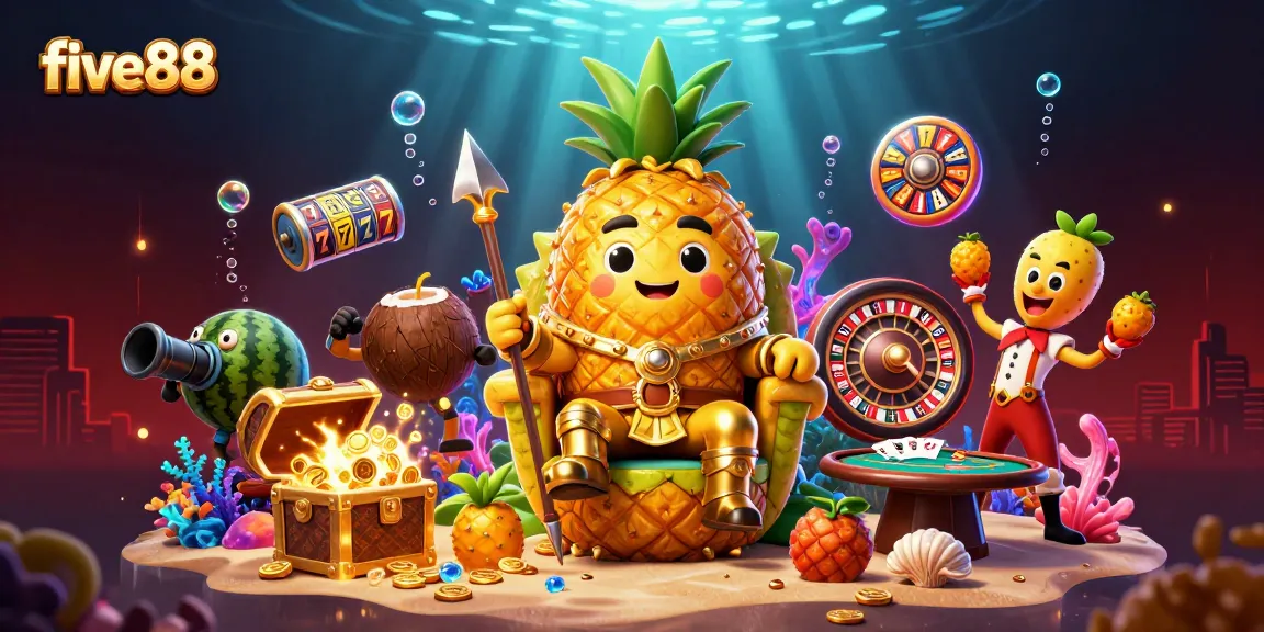 Experience the excitement of five88 with the pineapple king and vibrant casino elements in this vibrant scene.