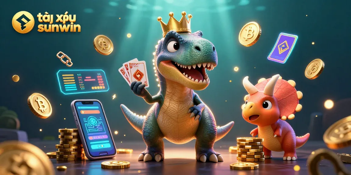 Engage with tài xỉu sunwin in a vibrant 3D illustration showcasing a T-Rex shuffling cards and a baby triceratops stacking chips.