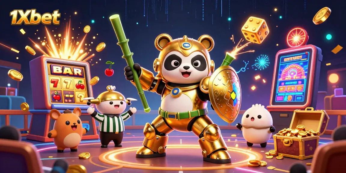Experience the excitement of 1xbet with a dynamic 3D casino scene featuring a mech-suit panda and casino game elements.