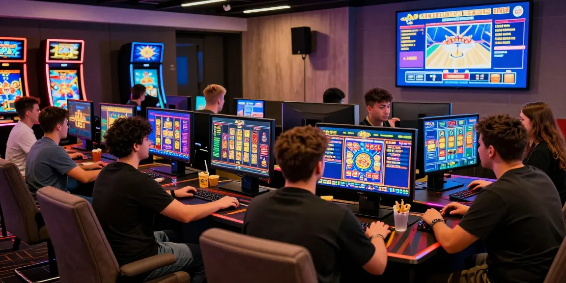 Players enjoying captivating gameplay at non UK casinos with vibrant slot games and live dealers in a lively gaming lounge.