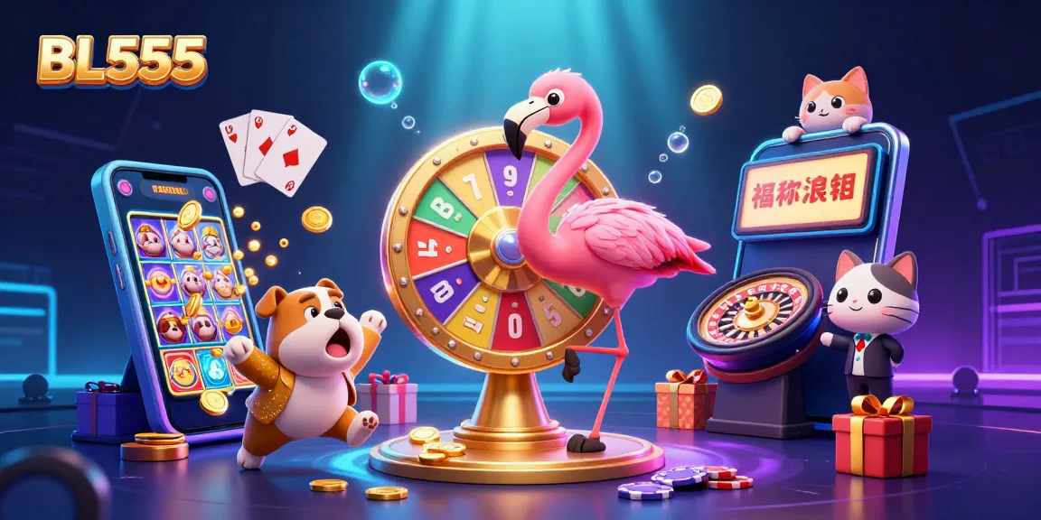 Experience thrilling gameplay at BL555 with exciting prize wheels and slot games in this vibrant 3D illustration