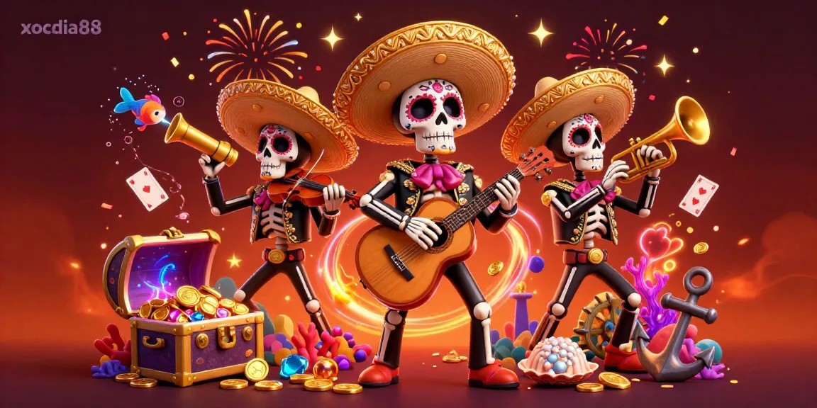 Xocdia88 elevates the gaming experience with vibrant Day of the Dead mariachi characters amid colorful casino elements.
