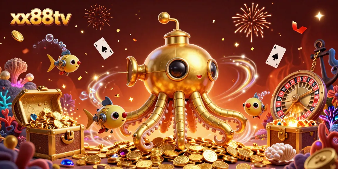 Experience the thrill at xx88tv with vibrant underwater art of a golden kraken and casino games.