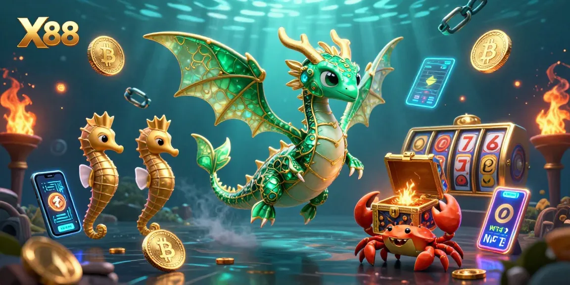 X88's underwater gambling adventure showcases glowing crypto coins and vibrant characters.