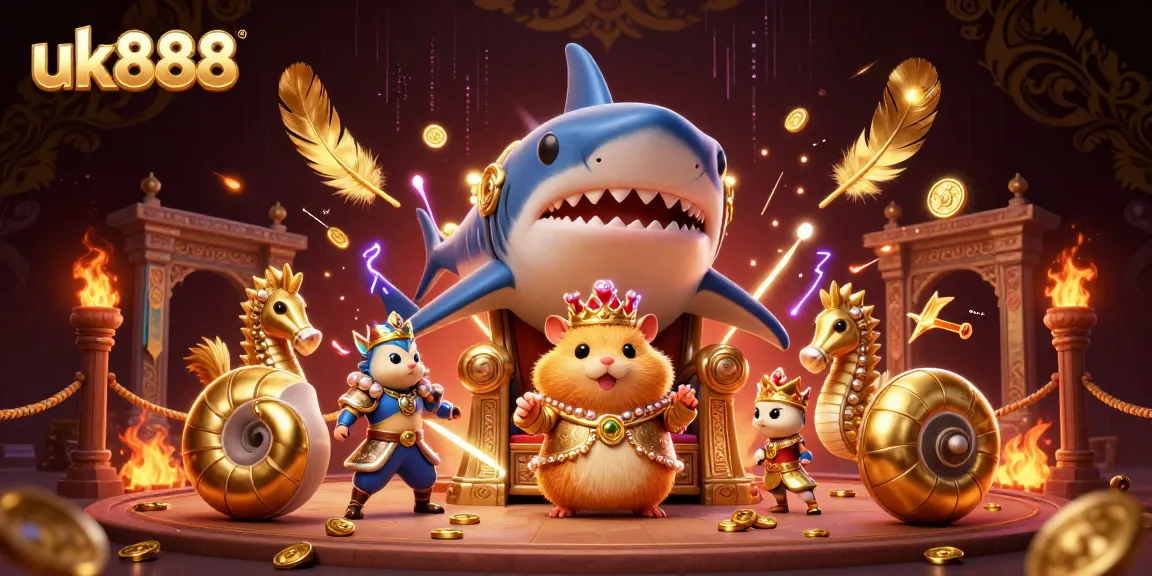 uk888 showcases a golden hamster king in a dynamic casino scene with vibrant gambling elements.
