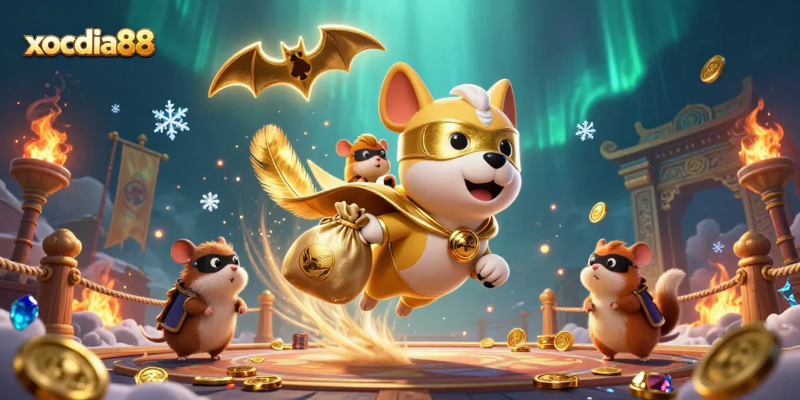 Experience thrilling action at xocdia88 with the superhero dog soaring amidst a dynamic casino scene.