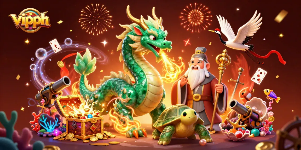 Experience excitement at vipph casino with a vibrant 3D illustration featuring a jade dragon and lively characters.