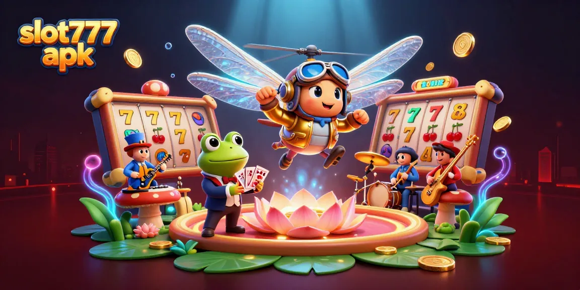Experience thrilling wins with slot777 apk in a vibrant 3D casino scene featuring exciting characters.