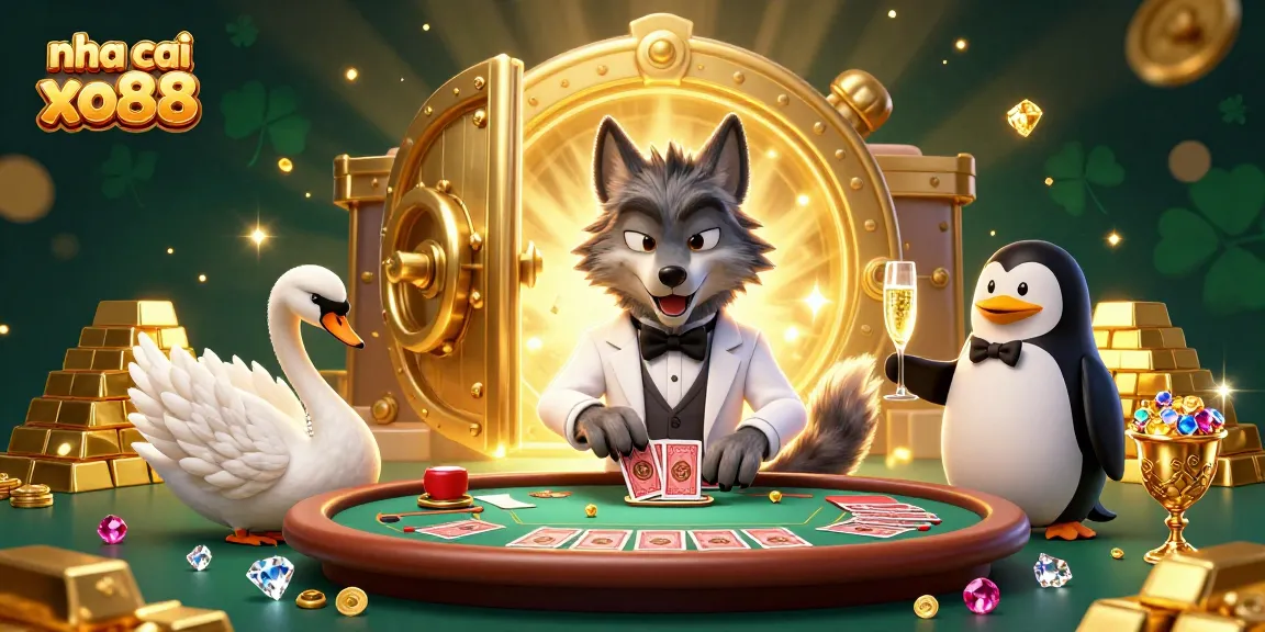Engage in high-stakes baccarat at nha cai xo88 with a debonair wolf and card-dealing swan.