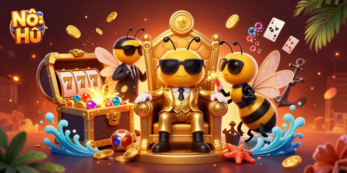 Nổ Hũ showcases an exciting, engaging 3D casino scene of jackpot thrills with cartoon characters.