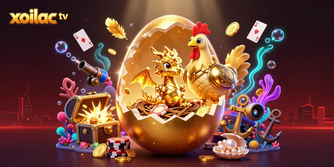Xoilac TV showcases a dynamic casino-themed scene with a golden baby dragon and poker chips.