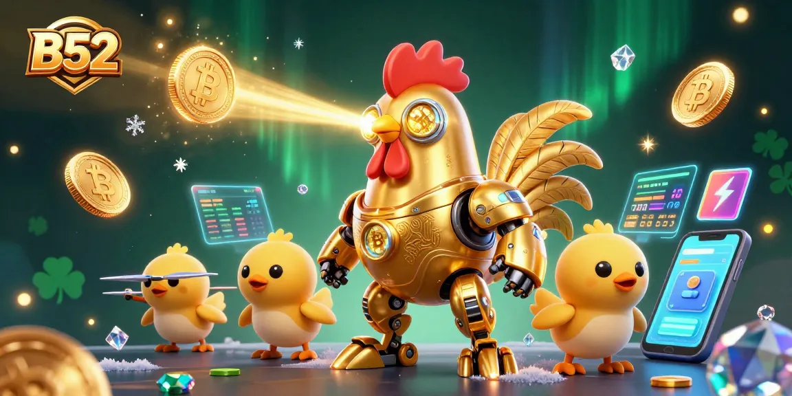 Engage with B52 gaming excitement featuring a vibrant illustration of a golden rooster robot and chick drones.