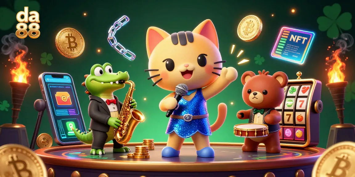 Experience dynamic gambling action with da 88 in a vibrant casino scene featuring musical characters and crypto elements.