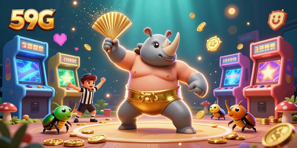 Engage with thrilling 59G adventures as a rhinoceros beetle sums up casino excitement with gold coins.