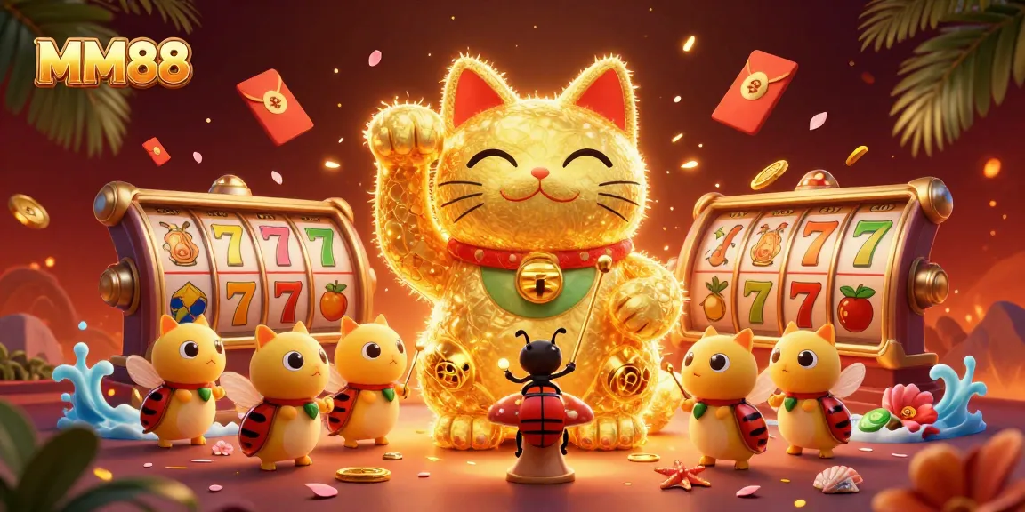 Experience the excitement of MM88 with rich casino elements and a vibrant lucky cat!