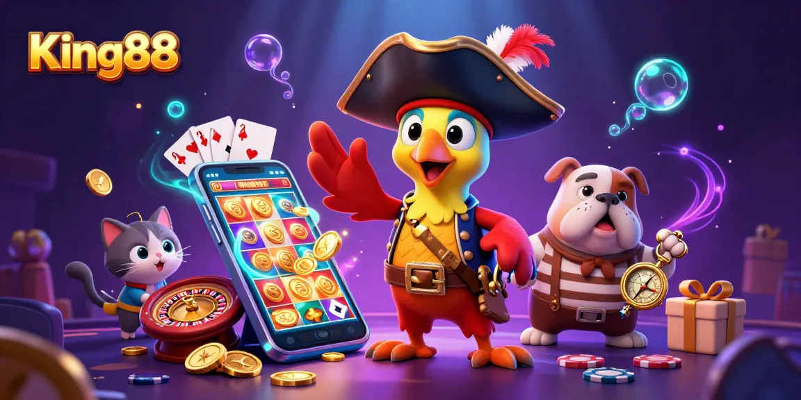 Experience King88's vibrant gaming world featuring cartoon characters amidst dynamic slot games and casino elements.