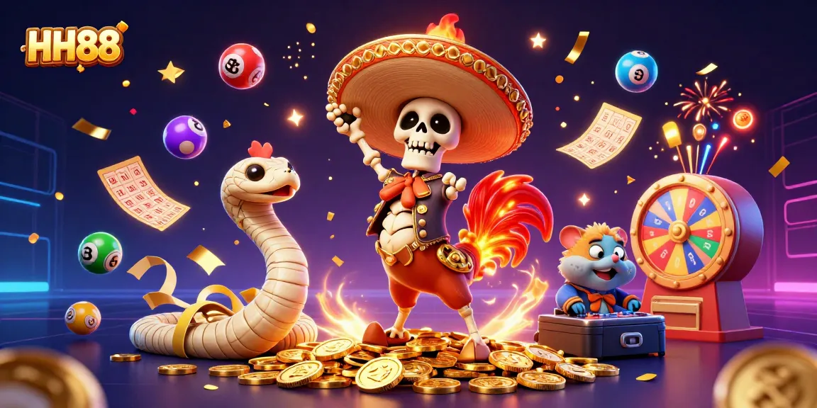 Experience excitement at HH88 with colorful lottery balls, a dancing mariachi rooster, and thrilling casino elements.