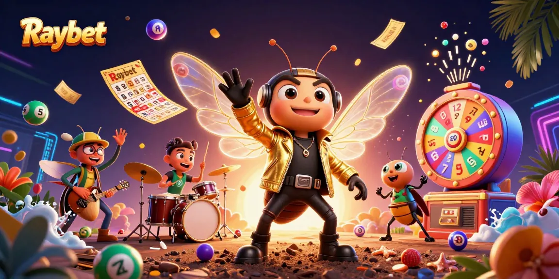 Raybet showcases an exciting 3D illustration featuring a rock star cicada and dynamic gambling elements.