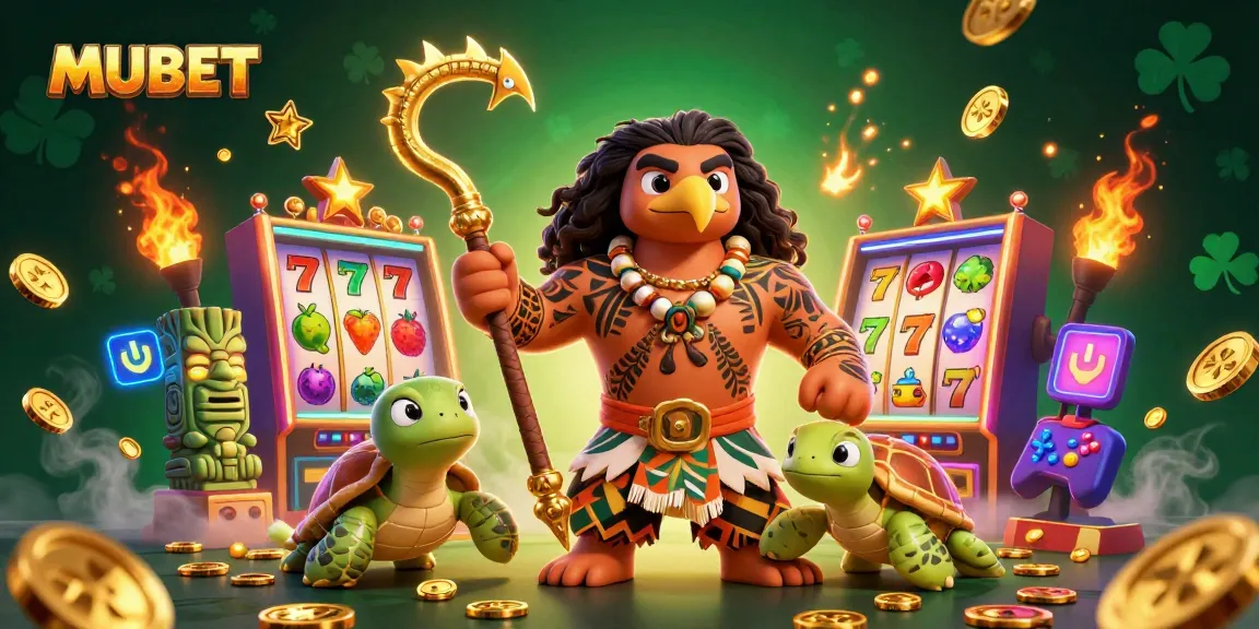 MUBET inspired 3D scene with a Maui-style demigod and vibrant slot machines, illustrating jackpot excitement.