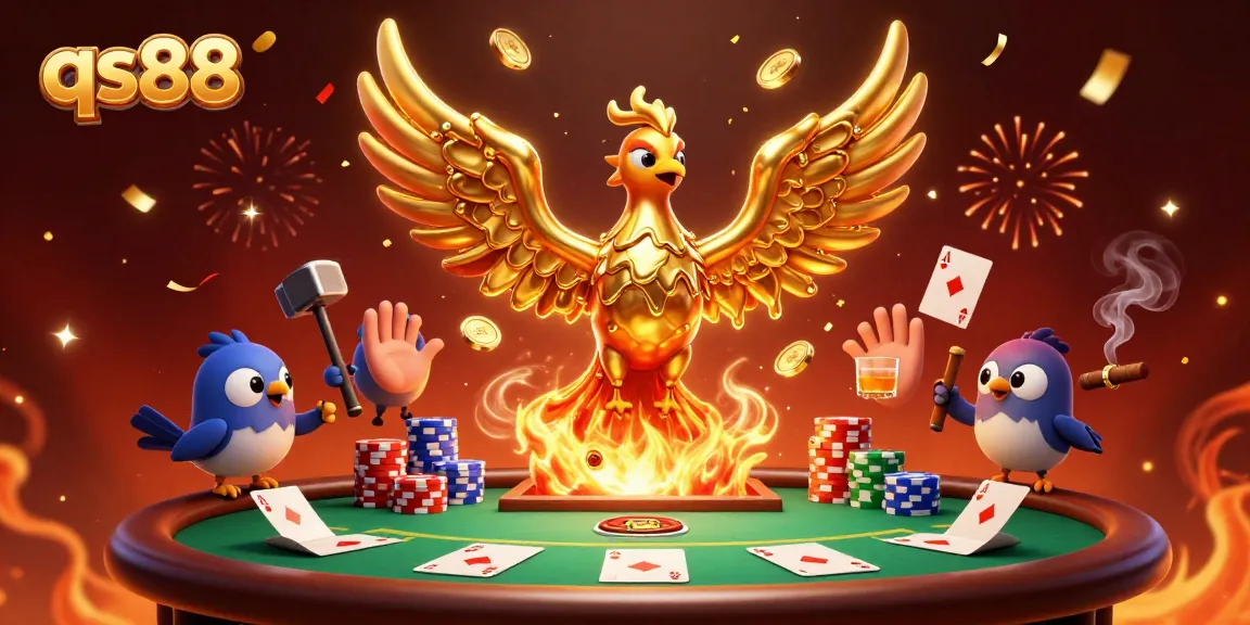 Experience thrilling wins at qs88 with a dynamic 3D illustration of a golden phoenix amidst poker excitement.