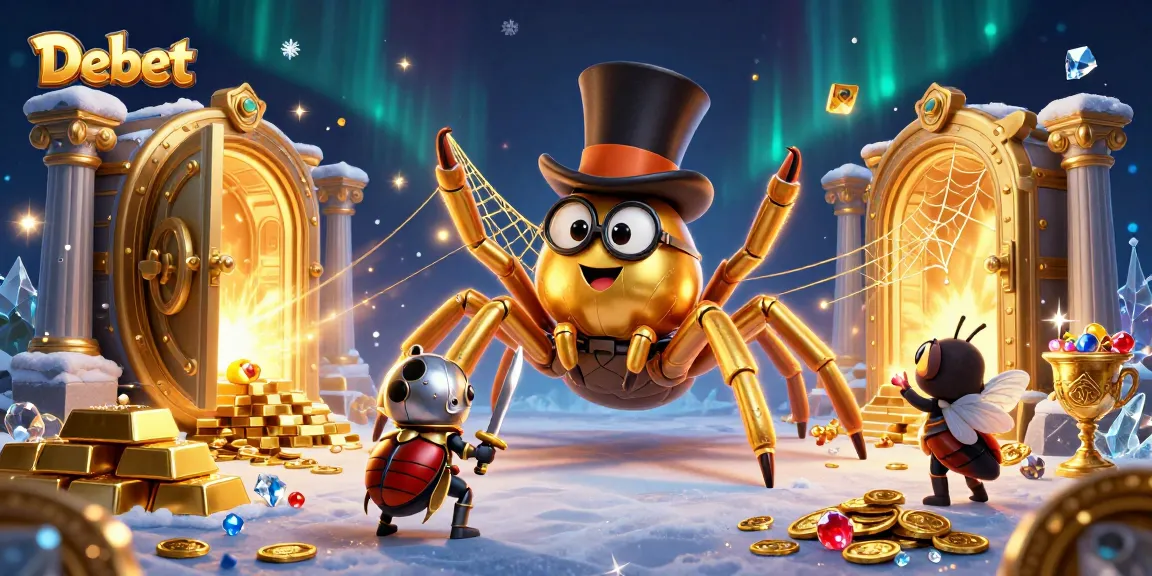 Debet features a golden tarantula weaving a web amidst casino riches, captivating players.