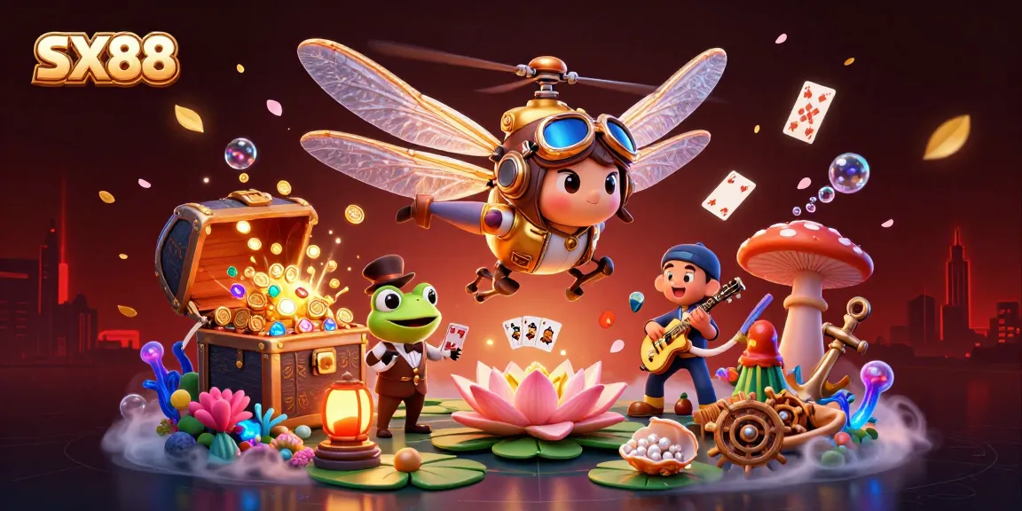 SX88 Casino experience illustrated with a dragonfly pilot, frog dealer, and jazz musicians.