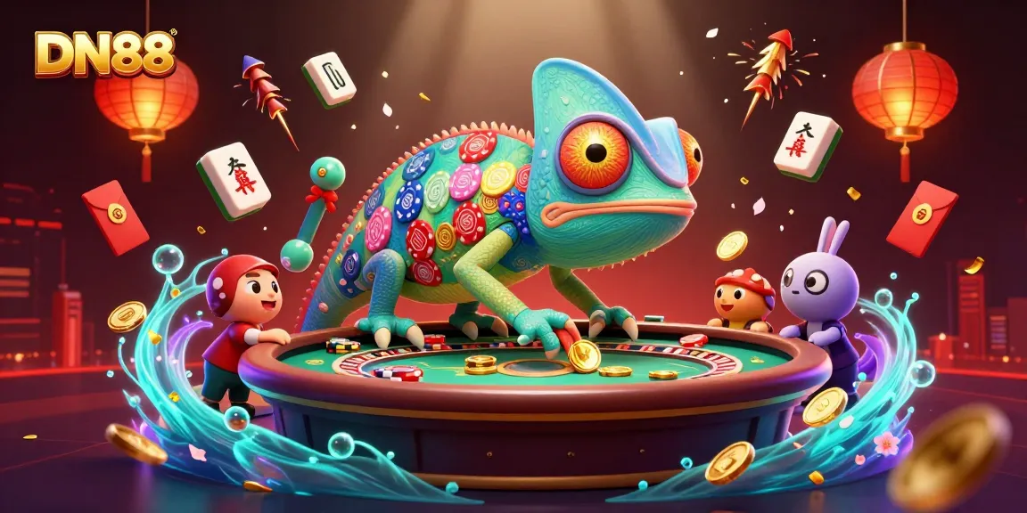 Experience the vibrant world of DN88 in this ultra-detailed 3D casino illustration featuring a playful chameleon owner.