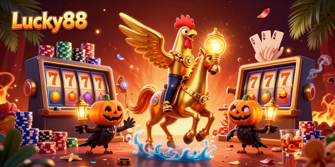 Play Lucky88 in a vibrant casino scene filled with exciting slot features and colorful poker elements.