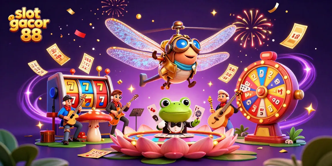 Engage with slot gacor 88 as a lively dragonfly pilot oversees a vibrant lily pad casino scene.