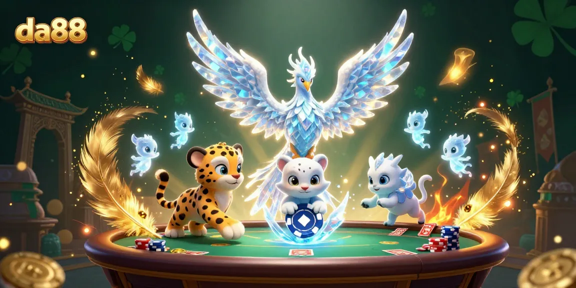 Win big with da88 poker as an ice phoenix and snow leopard battle chips and cards.