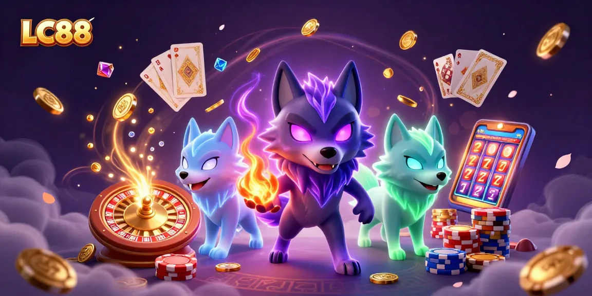 Experience thrilling gaming action at LC88 with a vibrant illustration featuring exciting casino elements.