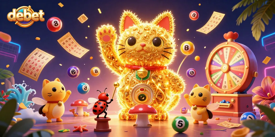 Engage with debet in a vibrant 3D scene featuring a lucky cat, colorful lottery balls, and dynamic gaming elements.