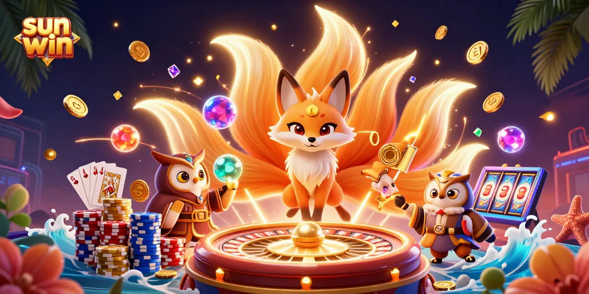 Experience thrilling gaming action with sun win, a vibrant 3D illustration of casino games and lucky characters.