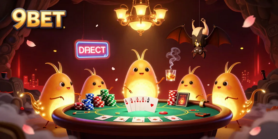 Illuminated 9BET casino scene with animated glowworms serving at a poker table and a bat dealer.