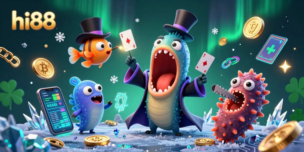 hi88 casino features a magical deep-sea gambling scene with glowing crypto coins and vibrant characters