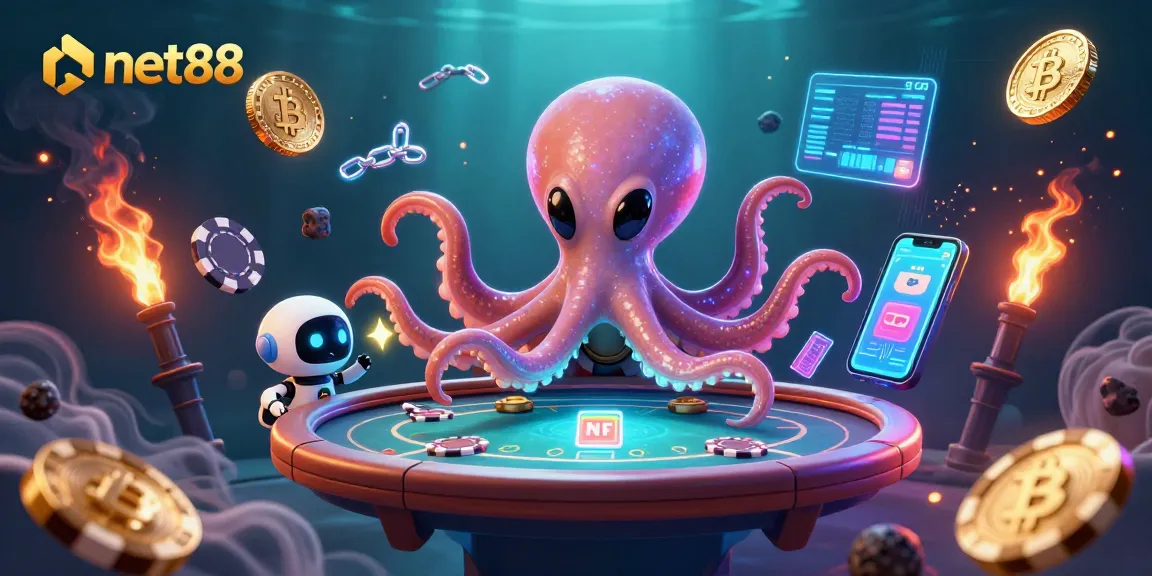 Play poker with net88's immersive 3D illustration featuring an alien octopus in action.