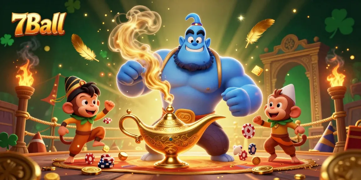 Engage in thrilling 7Ball fun as the genie and monkey bring the casino to life amidst poker chips and gold coins.