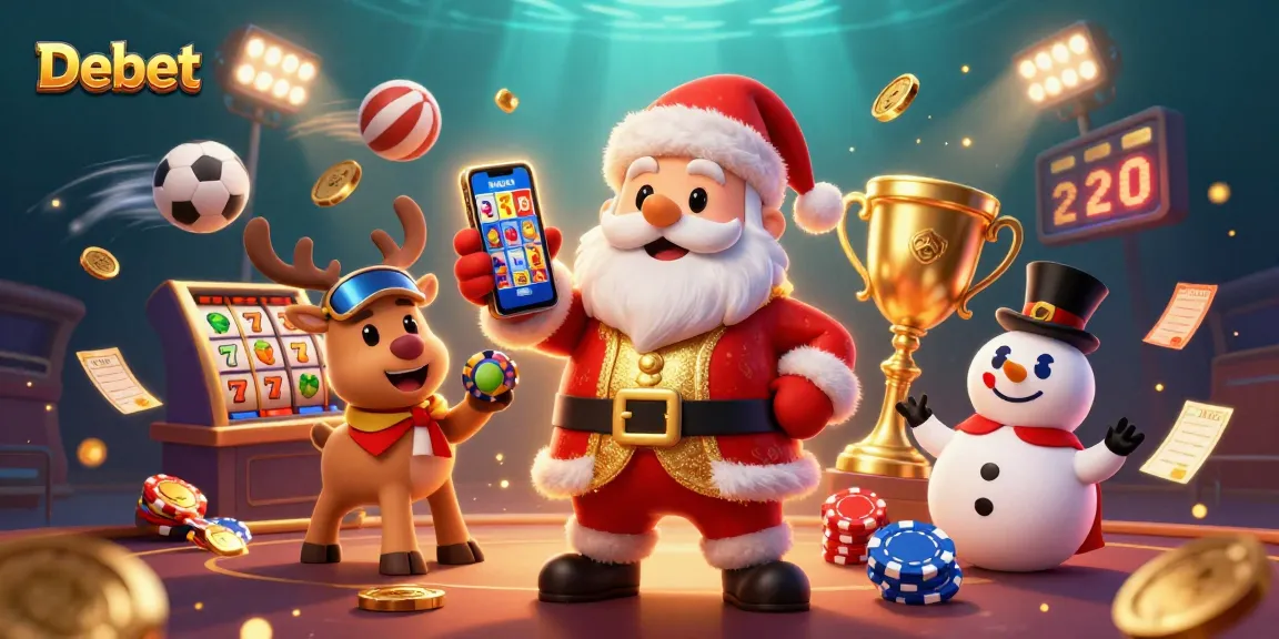 Experience Debet's thrilling jackpot slots with Santa and friends in this vibrant casino scene.