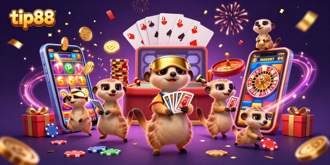 Tip88 meerkats celebrate casino wins amidst colorful game elements and rich details.