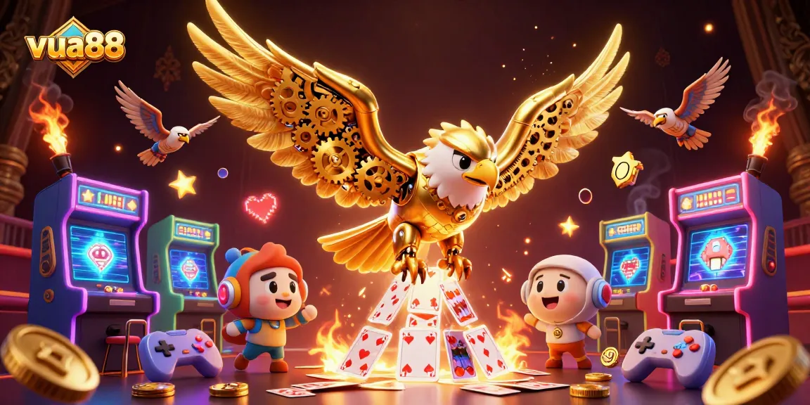 Engage with captivating gameplay at vua88, showcasing a cybernetic eagle amidst virtual casino excitement.