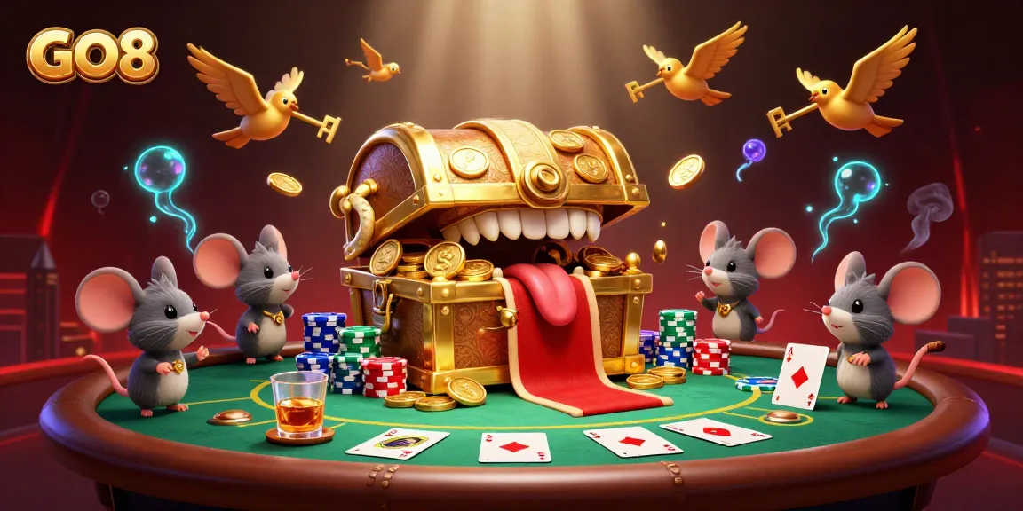 Discover winning strategies at GO8's vibrant casino with golden treasure chest illustration.