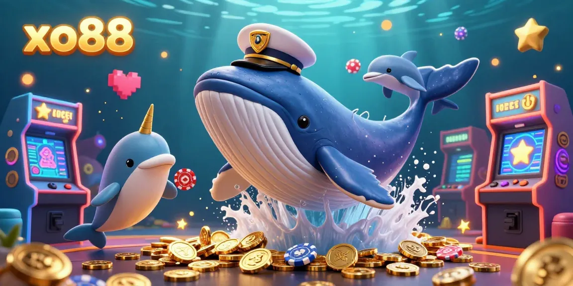 Experience the excitement of casino gaming with xo88's vibrant 3D whale illustration, showcasing playful dolphins and golden treasures.