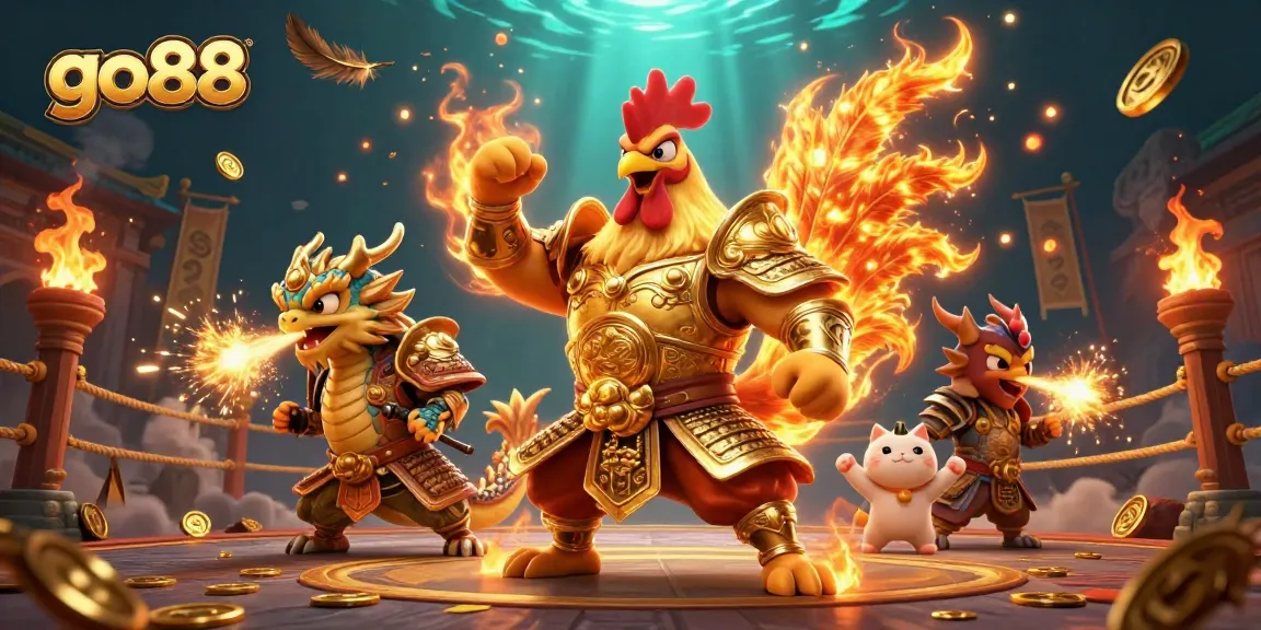 Experience thrilling gameplay with go88 as a fierce fighting rooster and dragon create a winning atmosphere.
