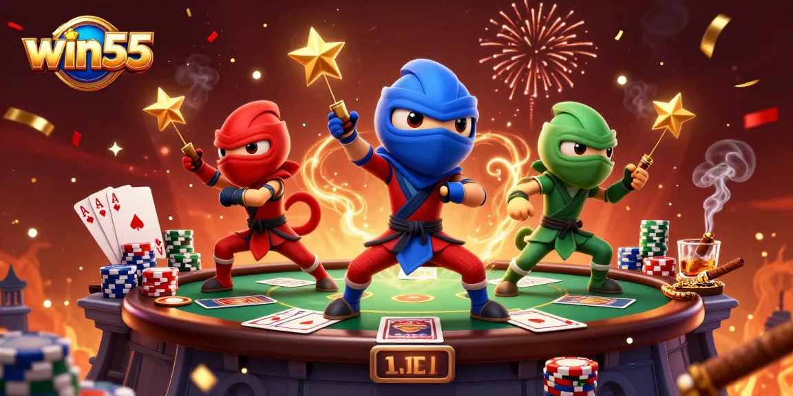Experience the excitement of win55 with chameleon ninjas and vibrant poker elements.