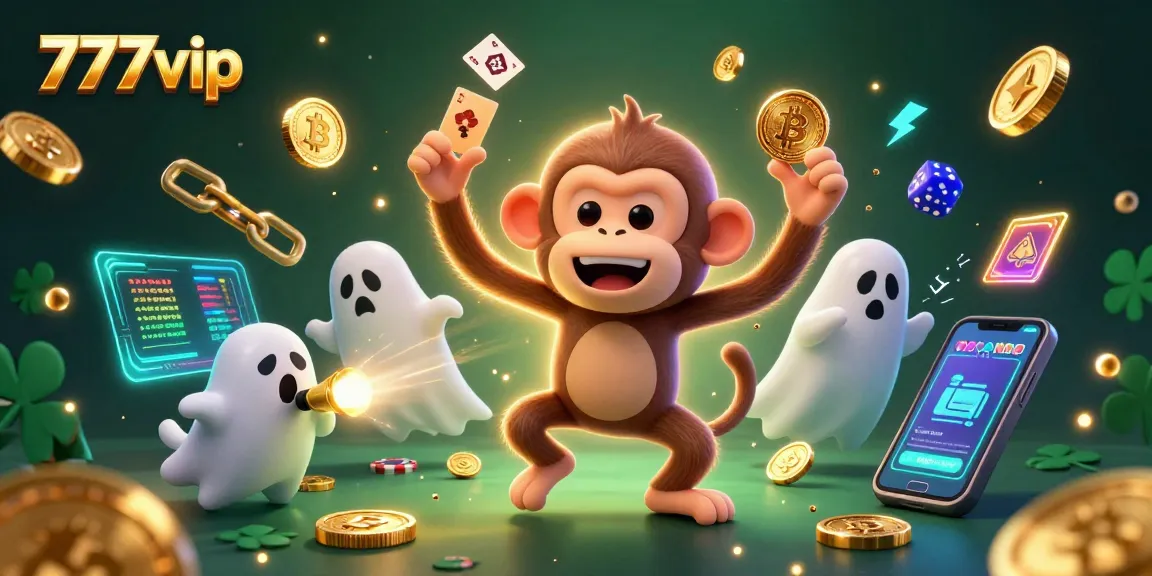 Engage with 777vip's dynamic gaming atmosphere, featuring a playful monkey and ghost-hunter puppy.